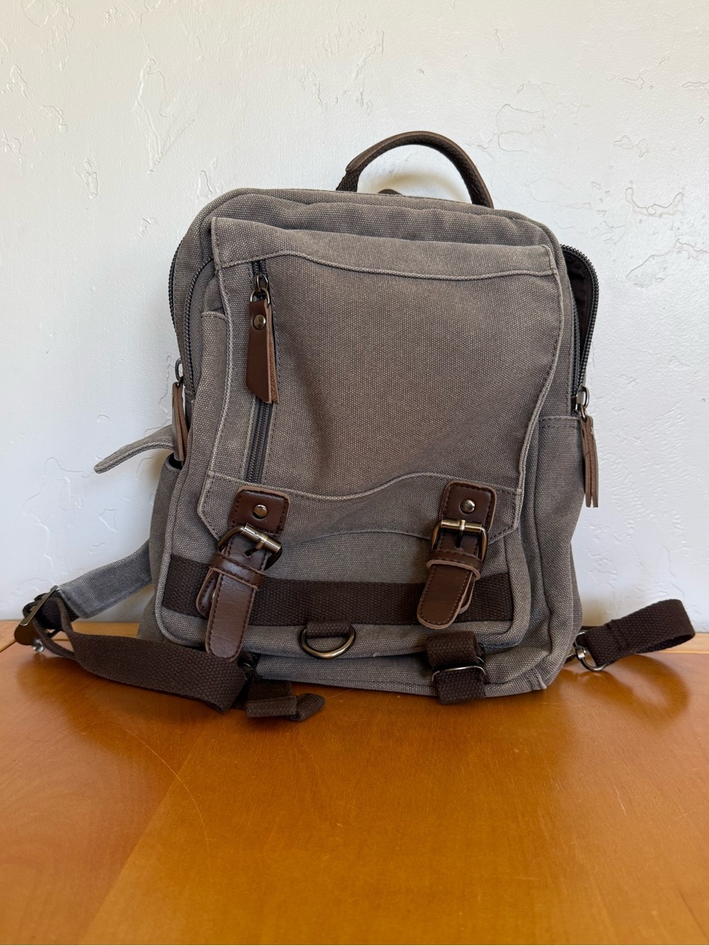 Women’s Gray Canvas Backpack with Brown Trim - Casual Daypack
